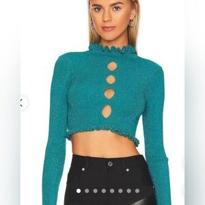 174 NWT For Love and Lemons $95 Teal Long Sleeve Ruffle Cut Out Crop Top Size XS